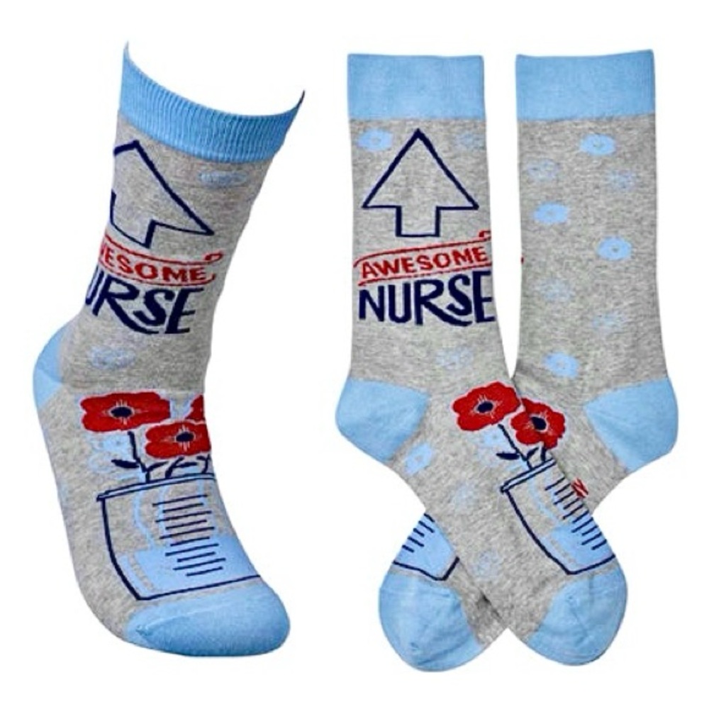 Primitives By Kathy NWT Awesome Nurse Graphic Socks OS Gray Blue Fun Gift Flower